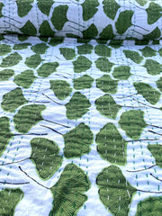 Green Ginkgo Leaf Kantha Quilt: Cotton Throw