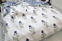 Blue and White Hand Block Printed Cotton Quilt