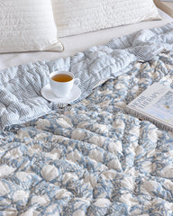 Dusty Blue Cotton Quilt, Indian Hand Block Printed Quilt Bedspread, Floral Printed Queen Comforter, Soft Summer Blanket, All Season Quilt