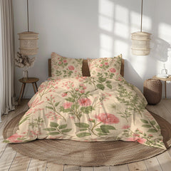 Vintage Floral Duvet Cover Set Beige Cream Pink Green Botanical Bedding