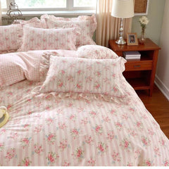 Premium Cotton Floral Duvet Cover Set, Living Room Bedding, Ruffles Quilt Cover with Pillowcases, Cozy Queen Blanket Cover, 3 Pc Bedding Set