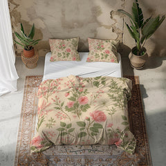 Vintage Floral Duvet Cover Set Beige Cream Pink Green Botanical Bedding