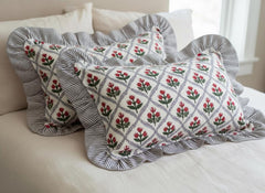 Blue Floral Block Print Throw Pillow Covers With Ruffle Edge | Cottagecore Cushion Cover | Handprinted Decorative Pillow | Farmhouse Decor