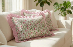 Handmade Floral Pillow Covers With Ruffle Edge, Pink Green Block Print Shams, Cottagecore Bedding Decor, Farmhouse Throw Pillowcase Set