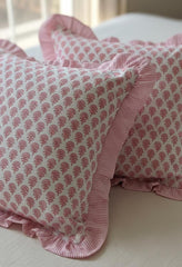 Handmade Floral Pillow Covers With Ruffle Edge, Pink Green Block Print Shams, Cottagecore Bedding Decor, Farmhouse Throw Pillowcase Set