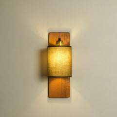 Linen Drum Shade Wall Sconce, Rustic Wood Backplate, Modern Lighting