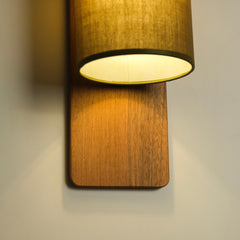 Linen Drum Shade Wall Sconce, Rustic Wood Backplate, Modern Lighting