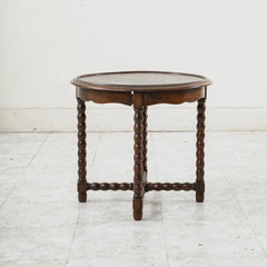 Round Oak Side Table with Turned Legs. Small Wood End Table.