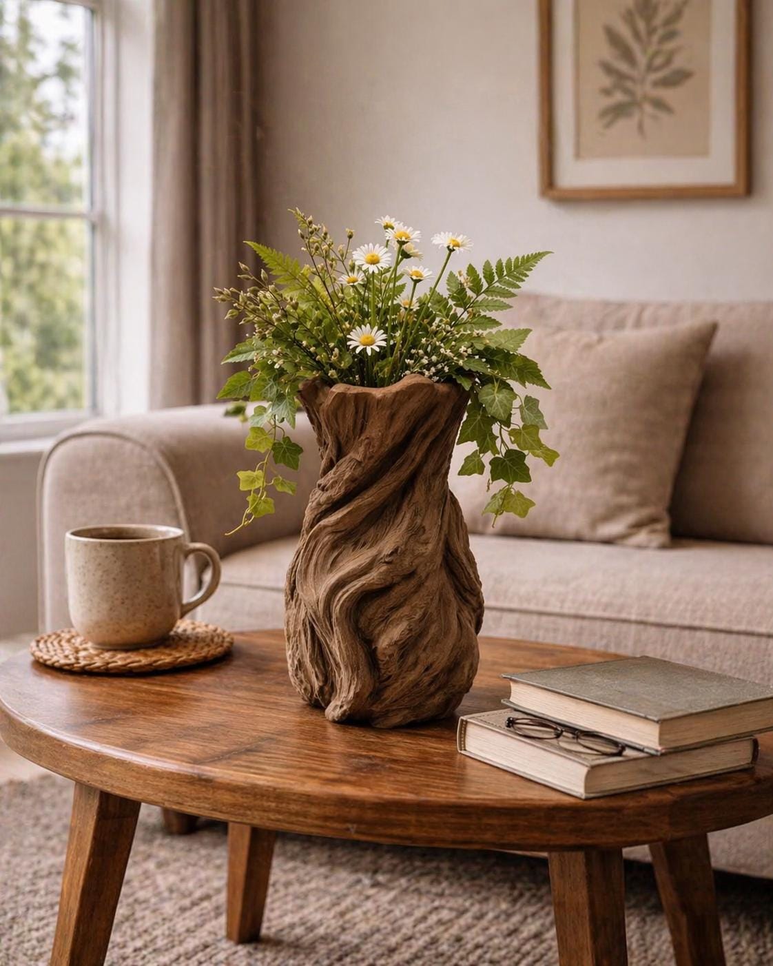 Twisted Wood-Look Vase, Tree Bark Texture, Fresh Flower Holder, Home Decor (3D Printed)