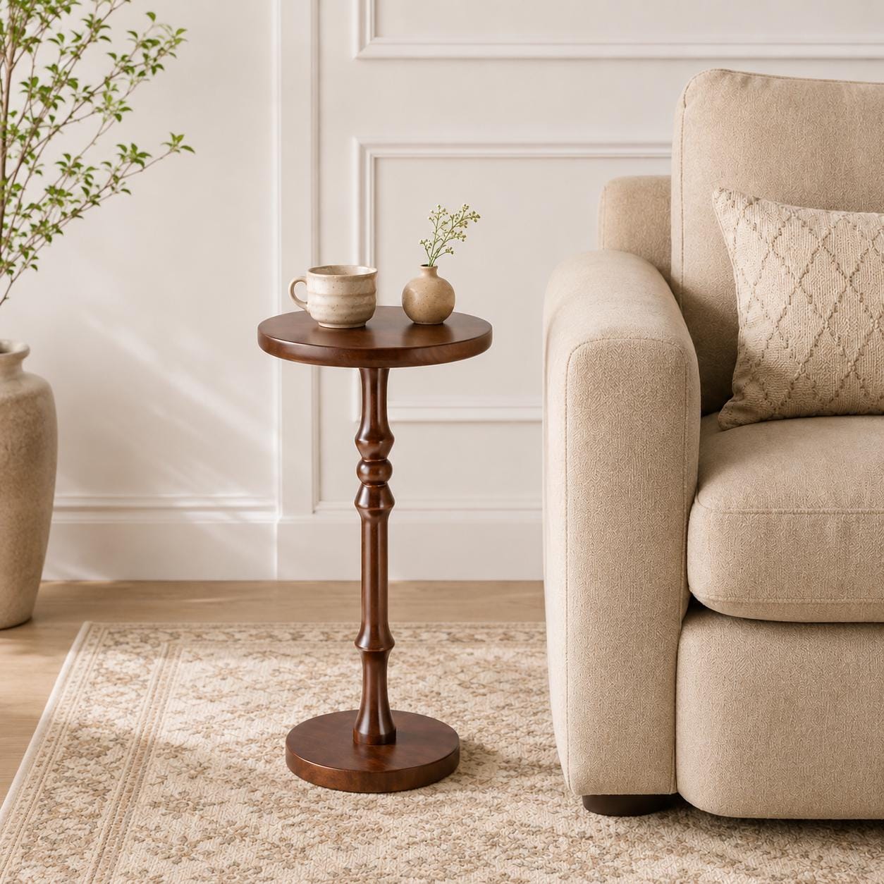 Solid Wood Small Round Pedestal Side Table, Minimalist Sofa End Table