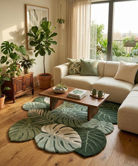 Monstera Leaf Hand Tufted Wool Rug – Tropical Botanical Area Rug for Living Room Decor