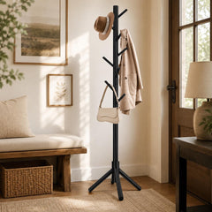 Modern Wood Freestanding Coat Rack With 8 Hooks | Black Standing Corner Hat Stand | Entryway Organizer | Adjustable Tree Coat Racks
