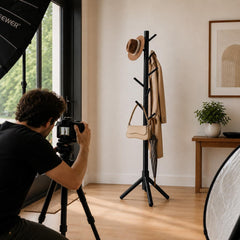 Modern Wood Freestanding Coat Rack With 8 Hooks | Black Standing Corner Hat Stand | Entryway Organizer | Adjustable Tree Coat Racks