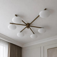 Mid Century Modern Brass Globe Chandelier | 6 Light Flush Mount