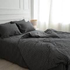 Gray Washed Cotton Bedding With Black Stripes – Duvet Cover Set, Fitted Sheet & Pillowcases
