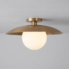 Modern Brass Flush Mount Ceiling Light, Opal Glass Globe Light, Mid Century Ceiling Fixture, Minimalist Brass Hallway Light
