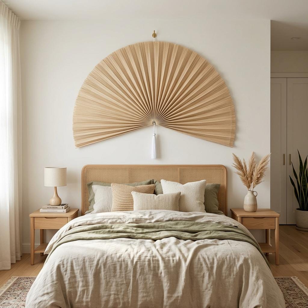 Large Natural Bamboo Wall Fan Decor, Boho Japandi Woven Wall Hanging