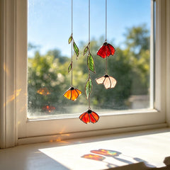 Autumn Poppy Leaf Stained Glass Suncatcher, Floral Wind Chime, Window Decor, Garden Light Catcher