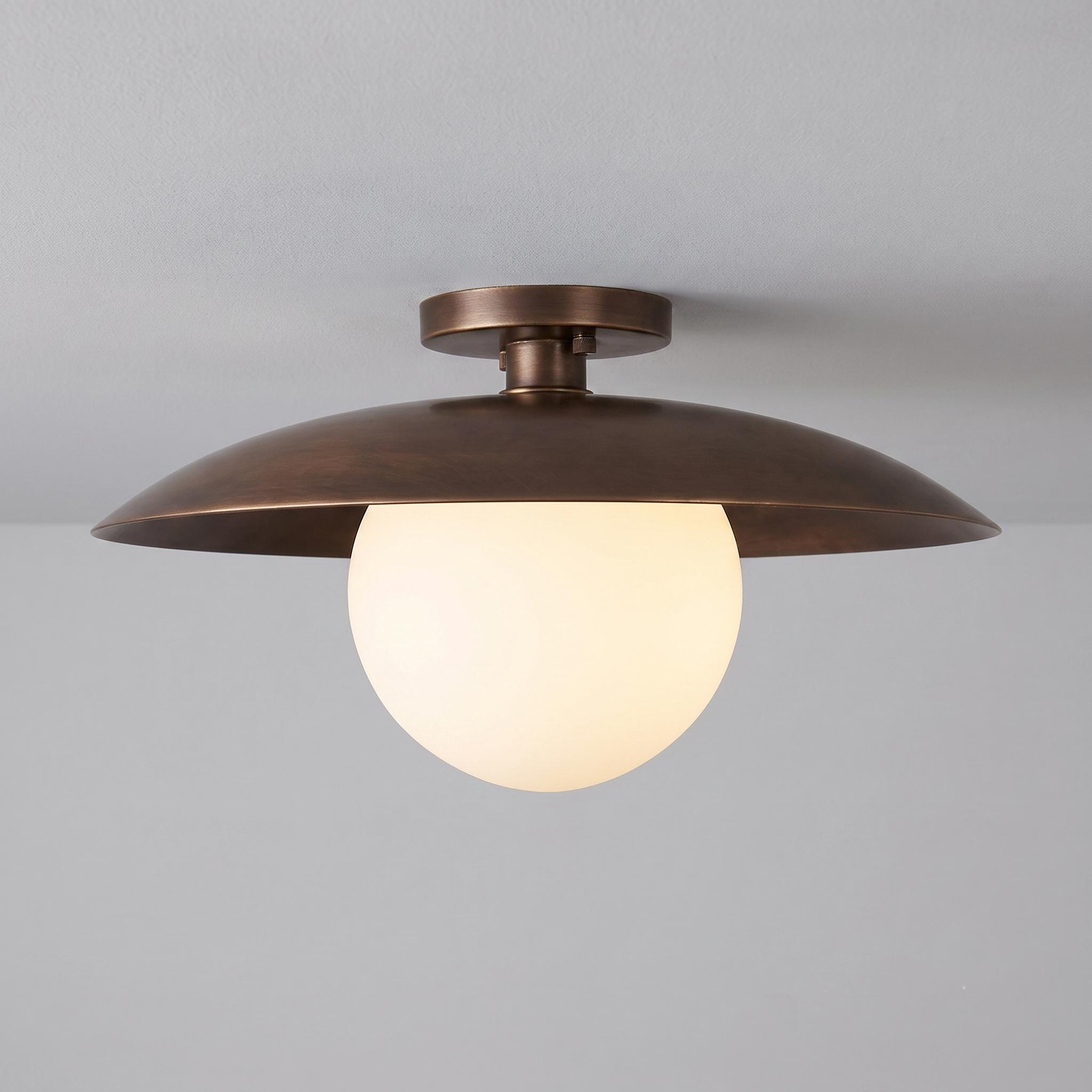 Modern Brass Flush Mount Ceiling Light, Opal Glass Globe Light, Mid Century Ceiling Fixture, Minimalist Brass Hallway Light