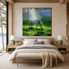 Grazing Horse Oil Painting, Sunlit Pasture Landscape Canvas