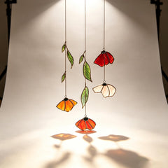 Autumn Poppy Leaf Stained Glass Suncatcher, Floral Wind Chime, Window Decor, Garden Light Catcher