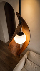 Sculptural Walnut Pendant Light, Modern Globe Ceiling Lamp