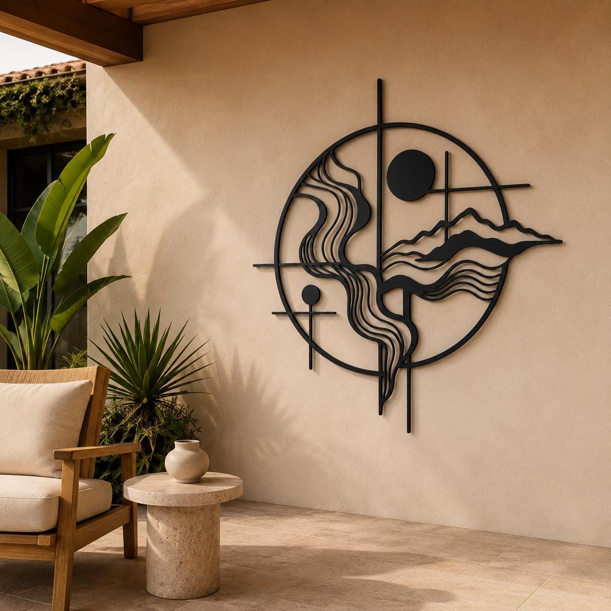 Oversized Geometric Landscape Metal Wall Art, Abstract Nature Sculpture, Modern Statement Decor