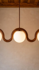 3 Globe Wood Chandelier, Sculptural Wave Pendant Light
