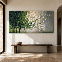 3D Textured Tree of Life Oil Painting, Large Green and Gold Landscape Canvas Art, Modern Nature Wall Decor