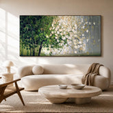 3D Textured Tree of Life Oil Painting, Large Green and Gold Landscape Canvas Art, Modern Nature Wall Decor