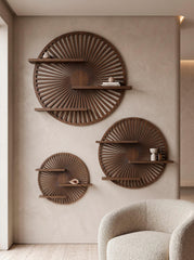 Smoked Walnut Round Wall Shelf | Sculptural Floating Shelf | Wooden Wall Decor