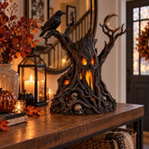 Halloween Skull Tree LED Tea Light Holder, Gothic Raven Moon Candle Decor, Spooky Fireplace Mantel Table Centerpiece, Haunted Home Ornaments