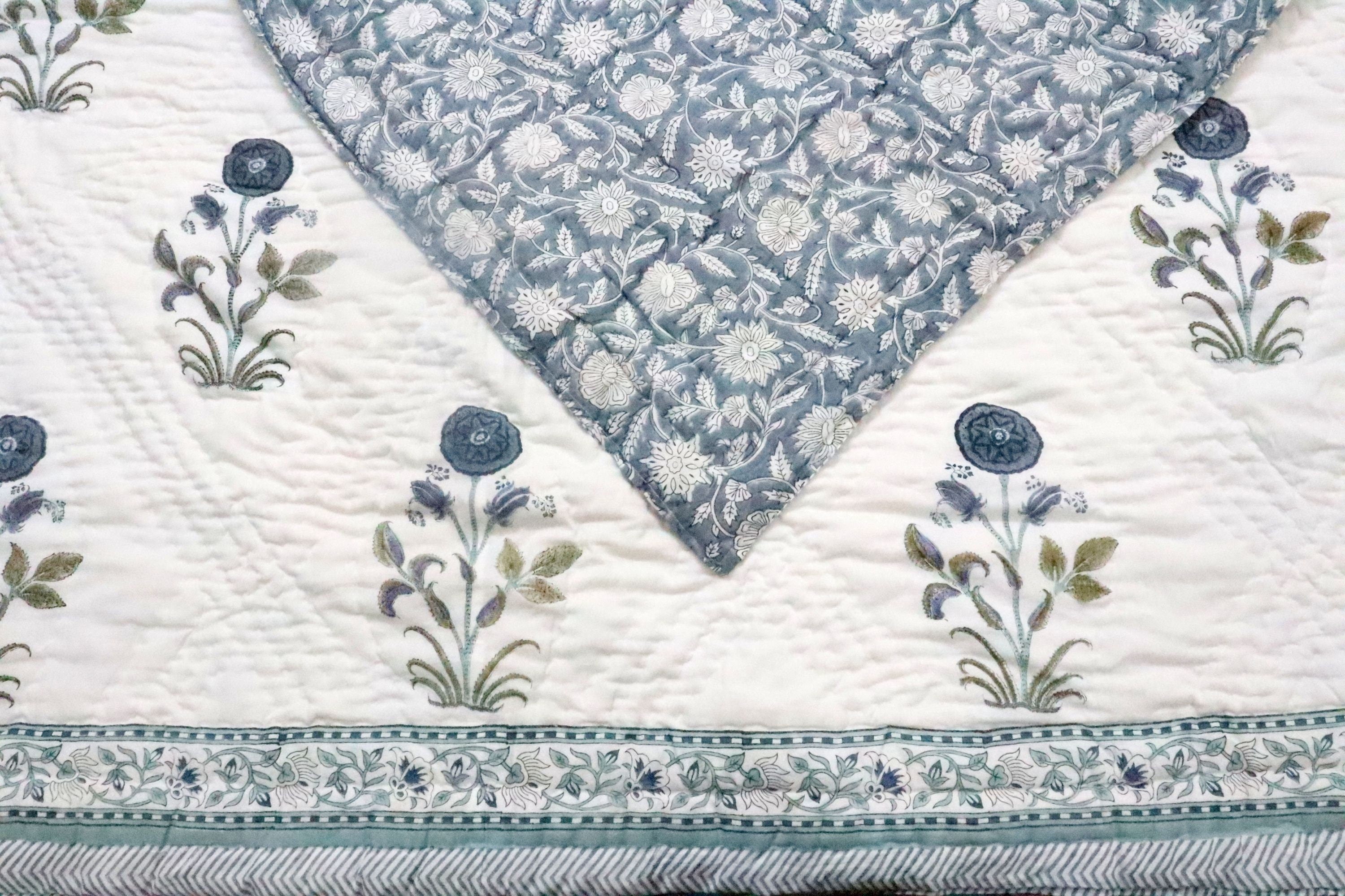 Blue and White Hand Block Printed Cotton Quilt
