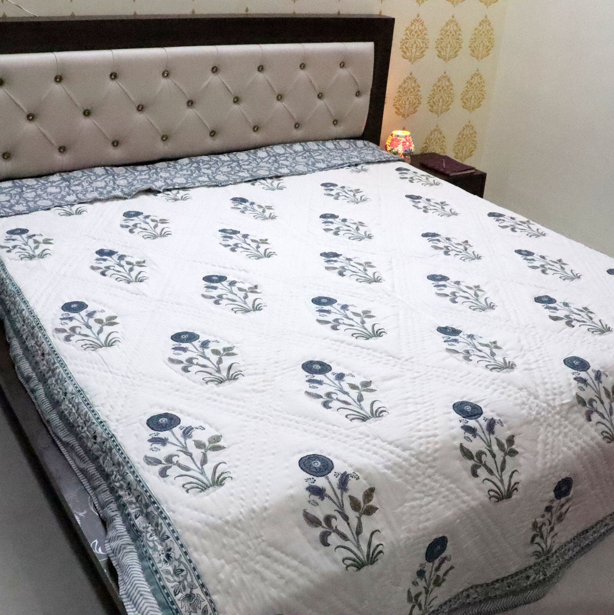 Blue and White Hand Block Printed Cotton Quilt