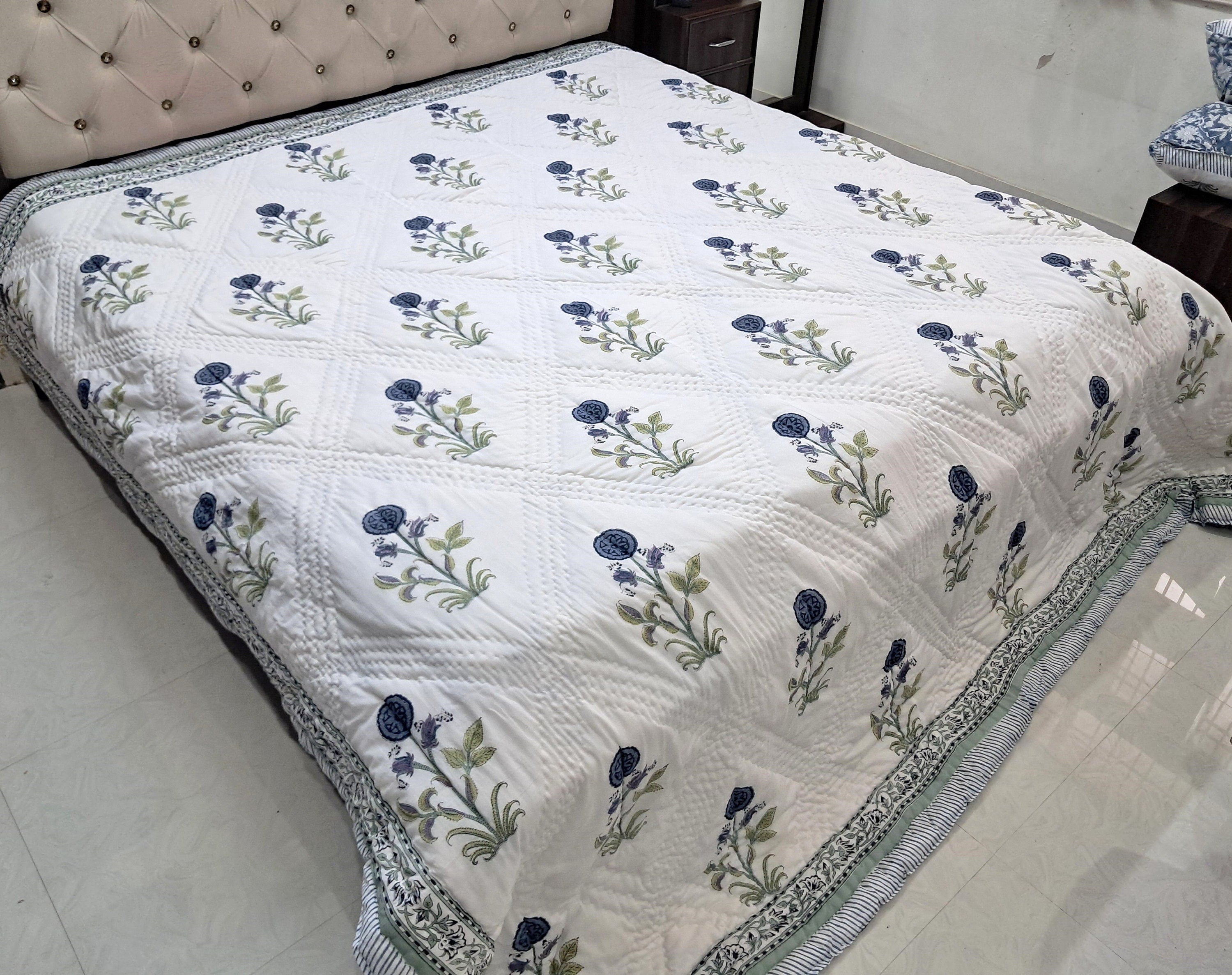 Blue and White Hand Block Printed Cotton Quilt
