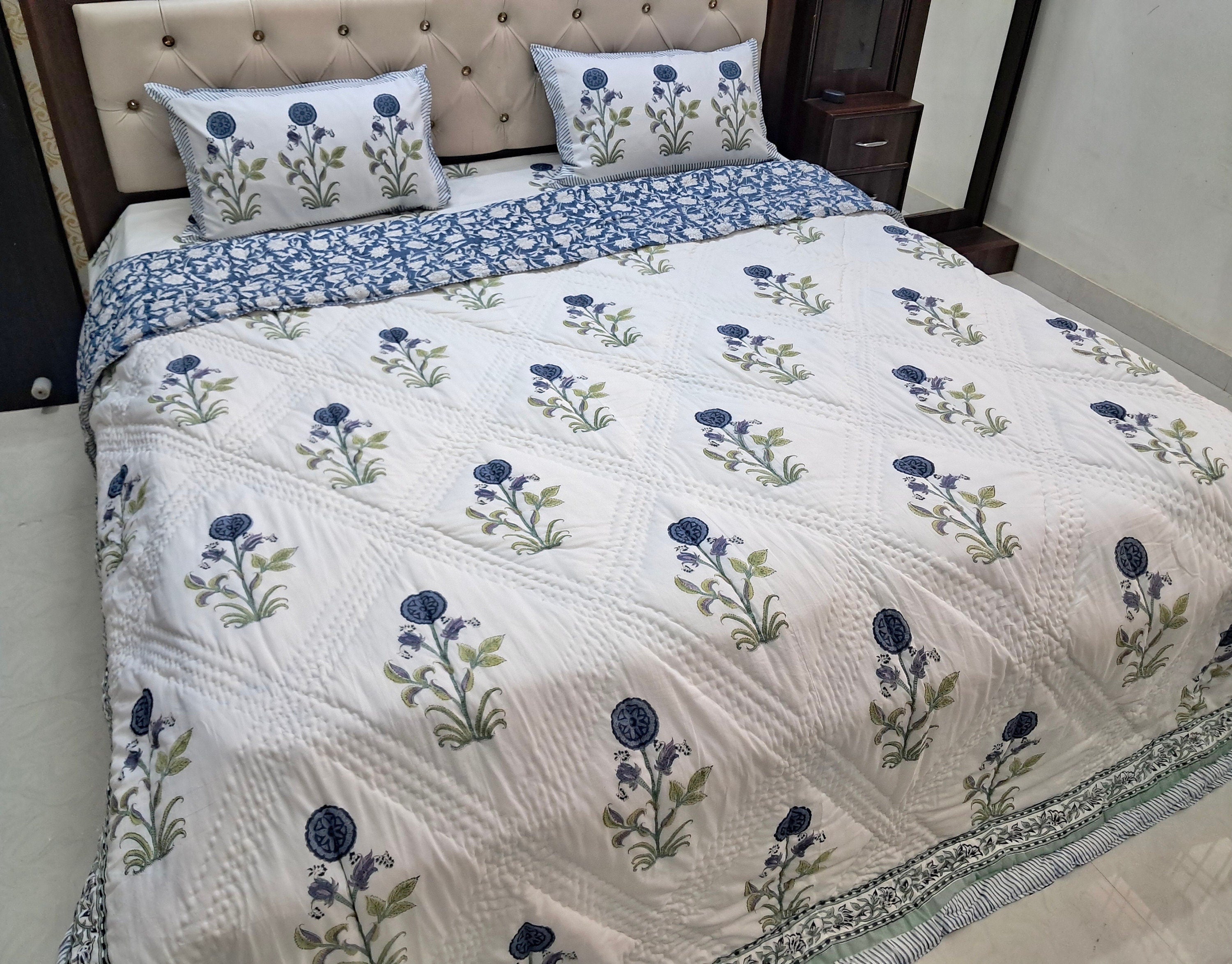 Blue and White Hand Block Printed Cotton Quilt