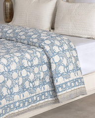 Dusty Blue Cotton Quilt, Indian Hand Block Printed Quilt Bedspread, Floral Printed Queen Comforter, Soft Summer Blanket, All Season Quilt