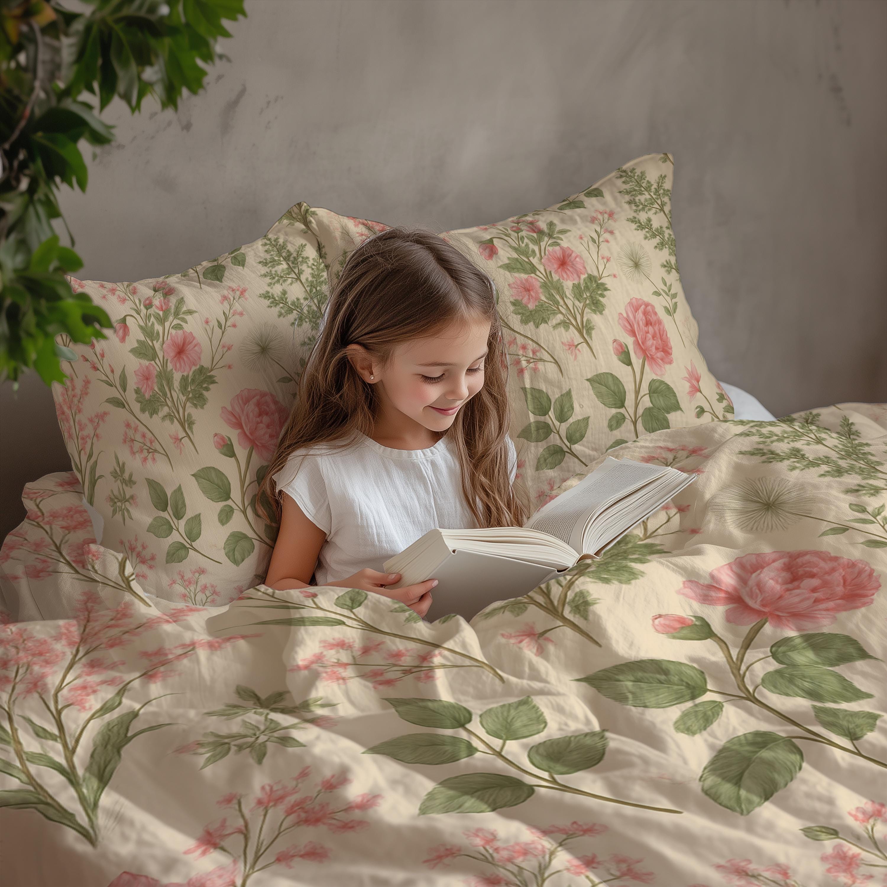 Vintage Floral Duvet Cover Set Beige Cream Pink Green Botanical Bedding
