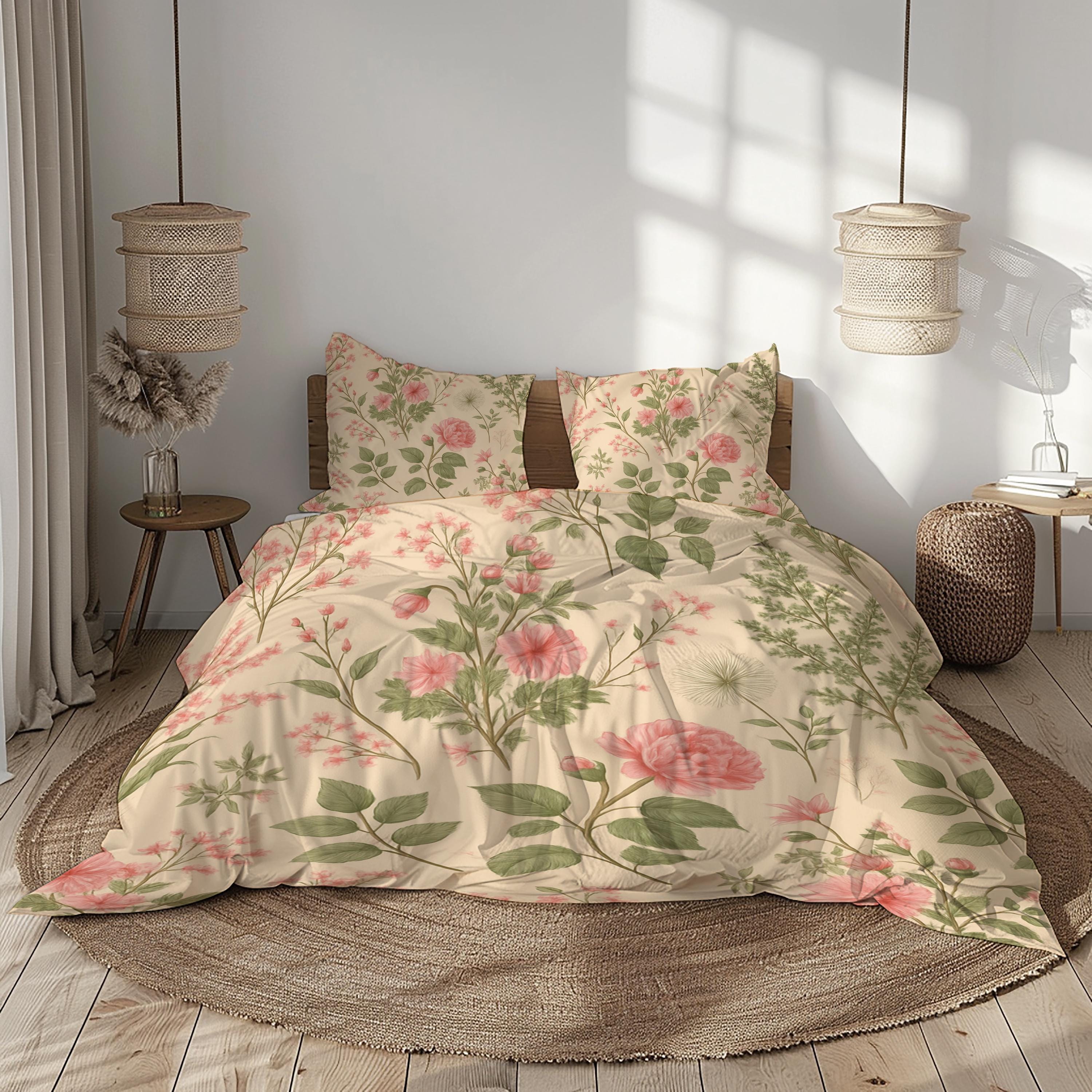 Vintage Floral Duvet Cover Set Beige Cream Pink Green Botanical Bedding