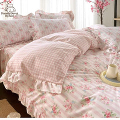 Premium Cotton Floral Duvet Cover Set, Living Room Bedding, Ruffles Quilt Cover with Pillowcases, Cozy Queen Blanket Cover, 3 Pc Bedding Set