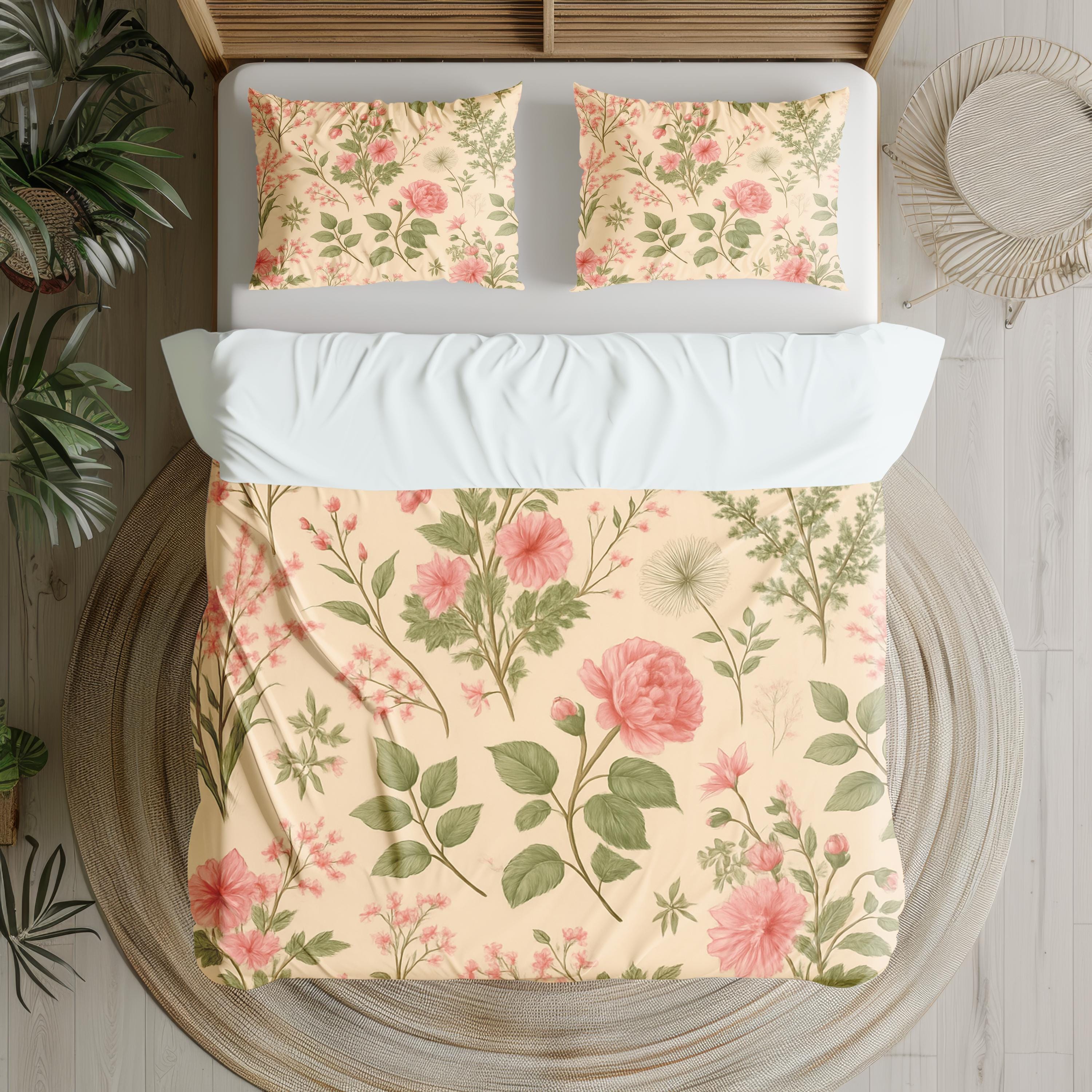 Vintage Floral Duvet Cover Set Beige Cream Pink Green Botanical Bedding