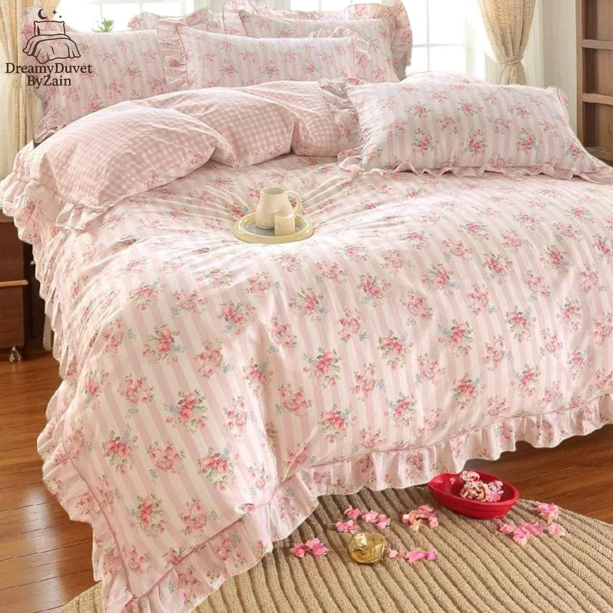 Premium Cotton Floral Duvet Cover Set, Living Room Bedding, Ruffles Quilt Cover with Pillowcases, Cozy Queen Blanket Cover, 3 Pc Bedding Set