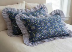 Blue Floral Block Print Throw Pillow Covers With Ruffle Edge | Cottagecore Cushion Cover | Handprinted Decorative Pillow | Farmhouse Decor