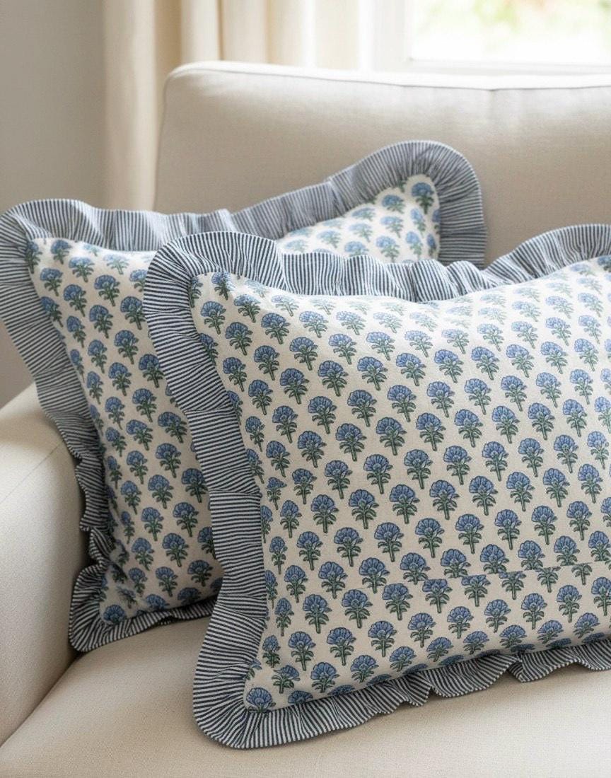 Blue Floral Block Print Throw Pillow Covers With Ruffle Edge | Cottagecore Cushion Cover | Handprinted Decorative Pillow | Farmhouse Decor