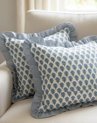 Blue Floral Block Print Throw Pillow Covers With Ruffle Edge | Cottagecore Cushion Cover | Handprinted Decorative Pillow | Farmhouse Decor