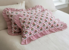 Handmade Floral Pillow Covers With Ruffle Edge, Pink Green Block Print Shams, Cottagecore Bedding Decor, Farmhouse Throw Pillowcase Set