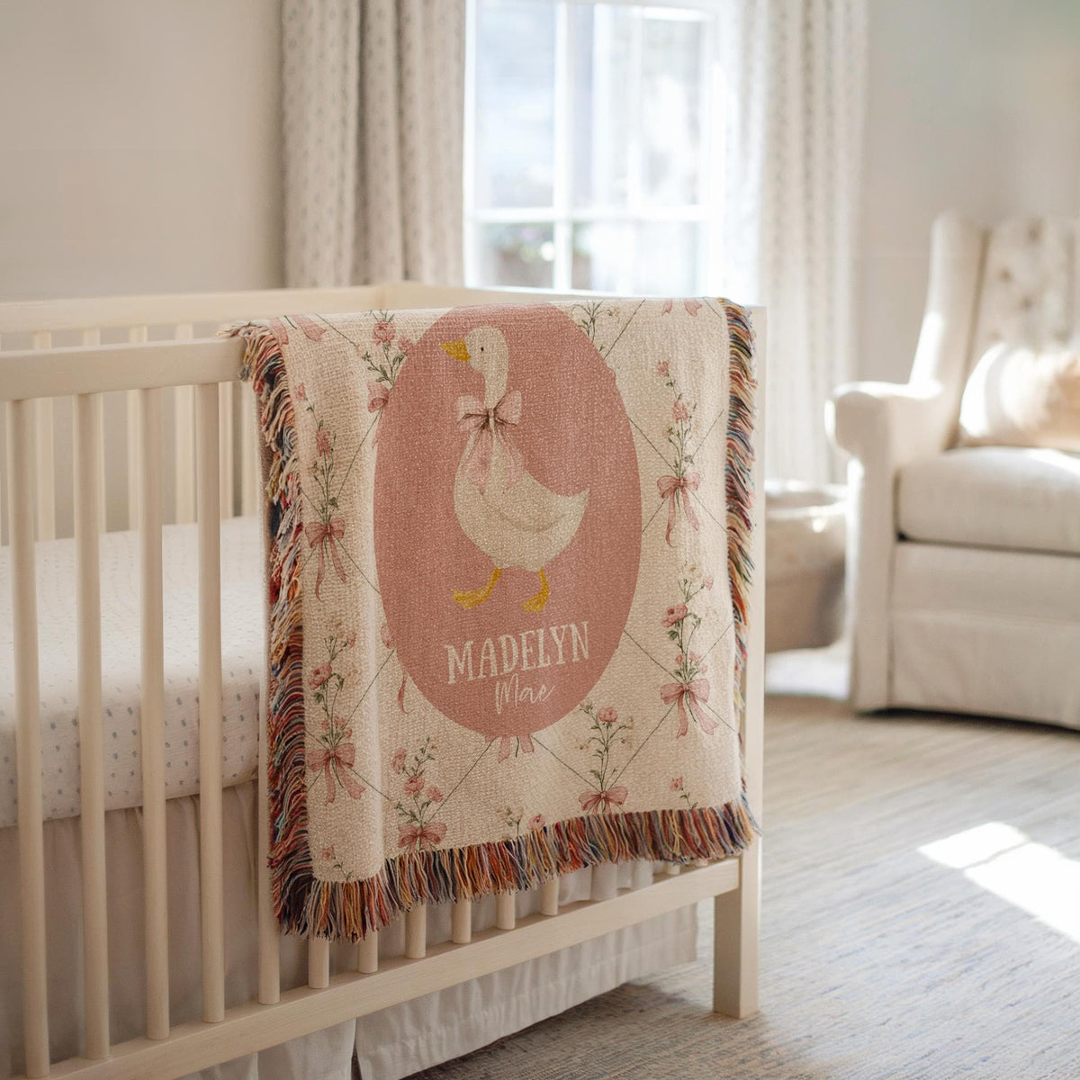 Personalized Floral Goose Baby Blanket Baby Goose Woven Blanket Goose Nursery Decor Custom Baby Blanket Floral Baby Shower Goose Baby Gift