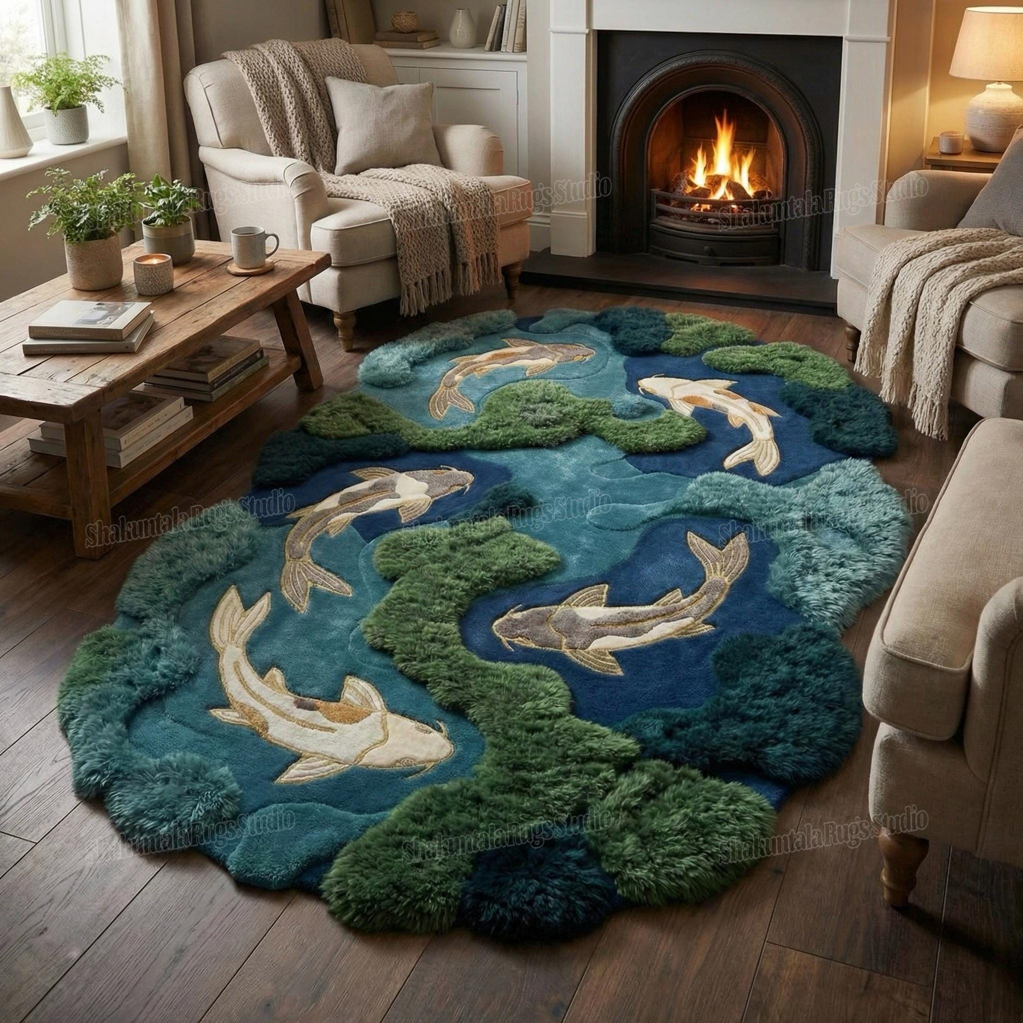 Hand Tufted Koi Pond Rug, 3D Textured Japanese Garden Carpet, Whimsical Blue Green Fish