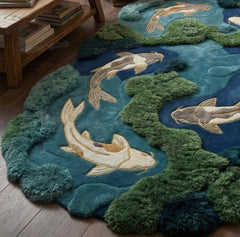 Hand Tufted Koi Pond Rug, 3D Textured Japanese Garden Carpet, Whimsical Blue Green Fish
