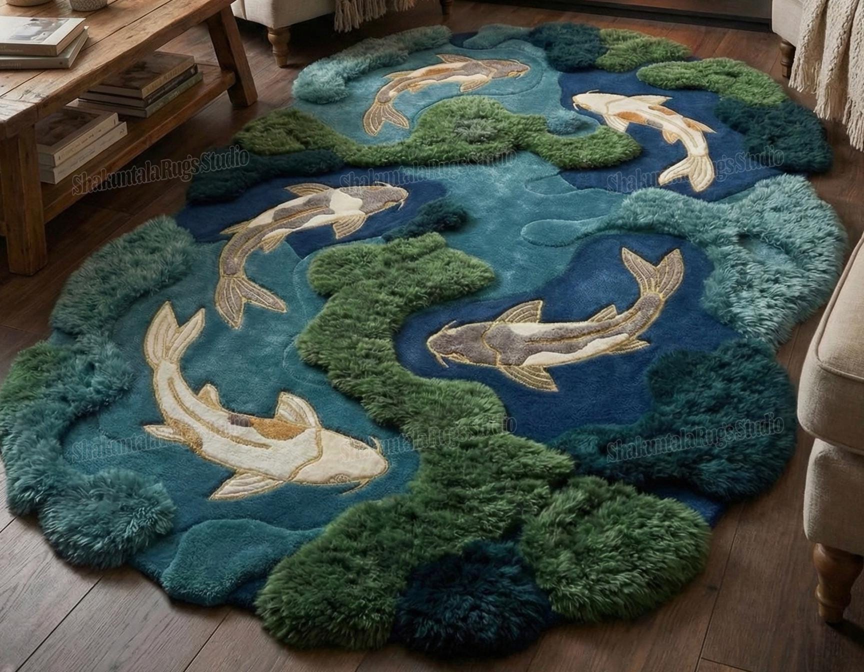 Hand Tufted Koi Pond Rug, 3D Textured Japanese Garden Carpet, Whimsical Blue Green Fish